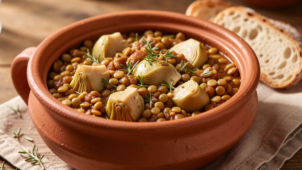 Guisado de lentilhas e alcachofras