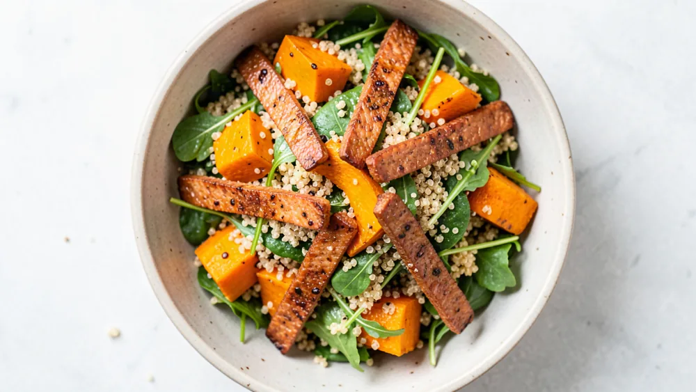 Salada de quinoa, abóbora e seitan
